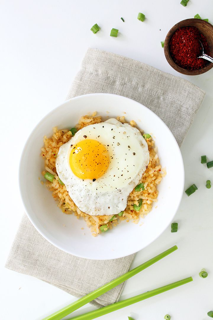 daikon radish "rice" with gochugaru and fried egg.