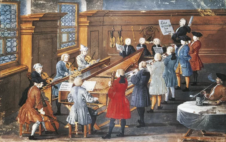 Vocal and instrumental concert in the Baroque period, 1771, gouache. Germany, 18th century.