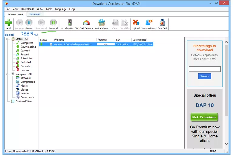 Screenshot of Download Accelerator Plus (DAP) in Windows 8