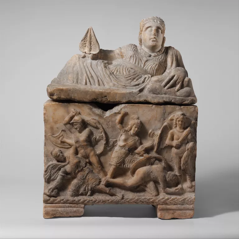 Etruscan alabaster cinerary urn, ca. 3rd century BC.