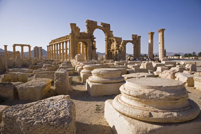 The spectacular ruined city of Palmyra, Syria. The city was at its height in the 3rd century AD but fell into decline when the Romans captured Queen Zenobia after she declared independence from Rome in 271.