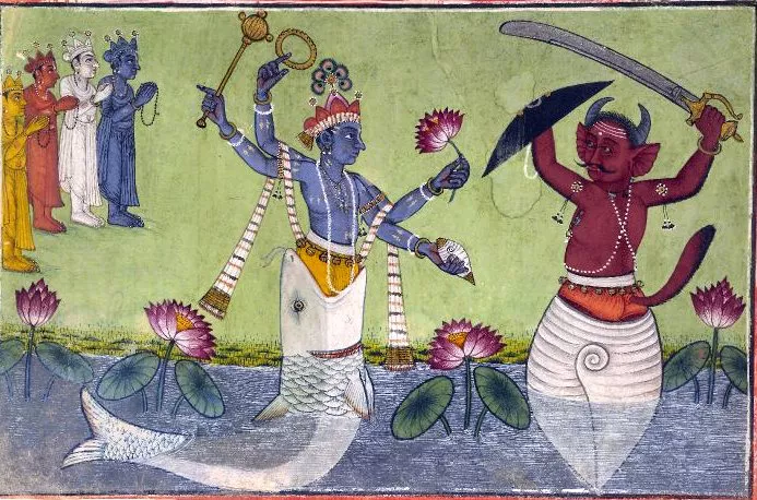A depiction of Vishnu Matsya (left)