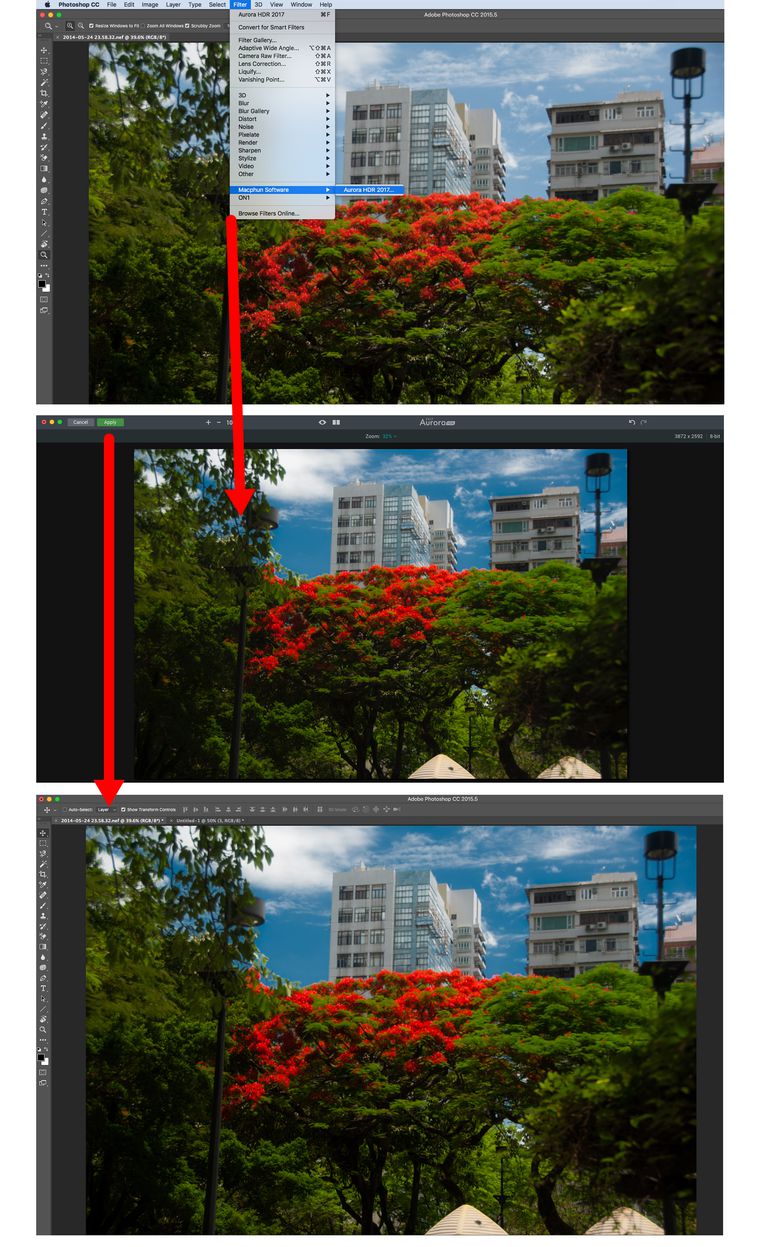 Phioto shows filter selection Photoshop, Editing in Aurora HDR and the Aurora image in Photoshop.