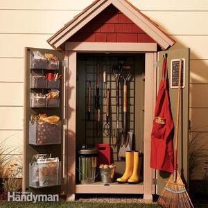 Picture of a small shed with gardening tools inside