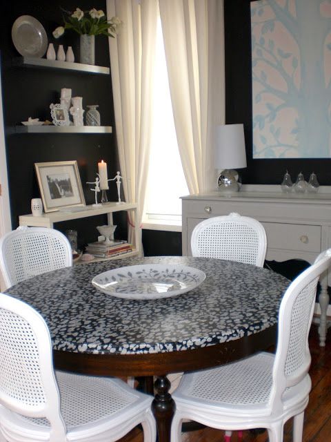 black and white decoupaged table