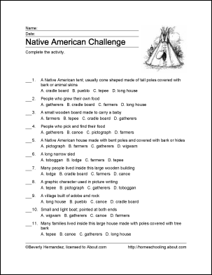 Native American Free Printable Worksheets