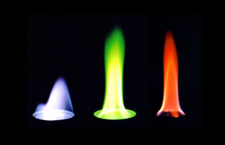 From left to right, these are flame test colors of cesium chloride, boric acid, and calcium chloride.