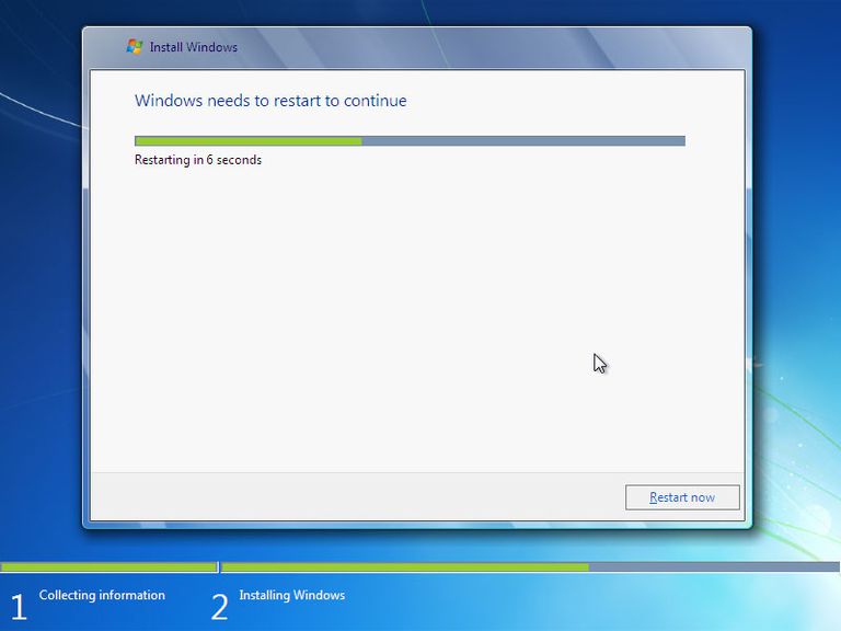 Screenshot of Windows 7 setup restarting your computer