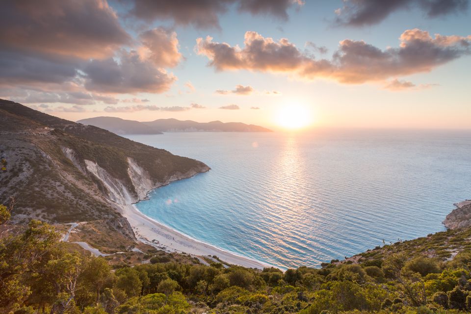 Sunset over famous Myrtos beach. Kefalonia, Greece