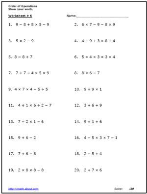 Printable Order of Operation Worksheets