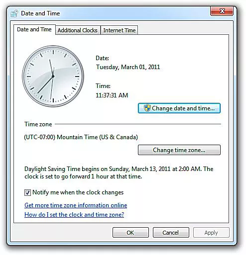 Date and Time in Windows 7