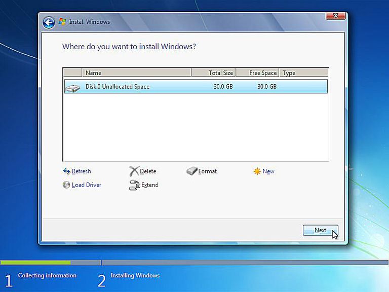 Screenshot of choosing a hard drive to install Windows 7 to