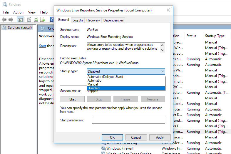 can windows error reporting service be disabled