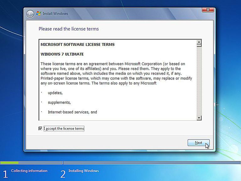 Screenshot of the Windows 7 License Terms during setup