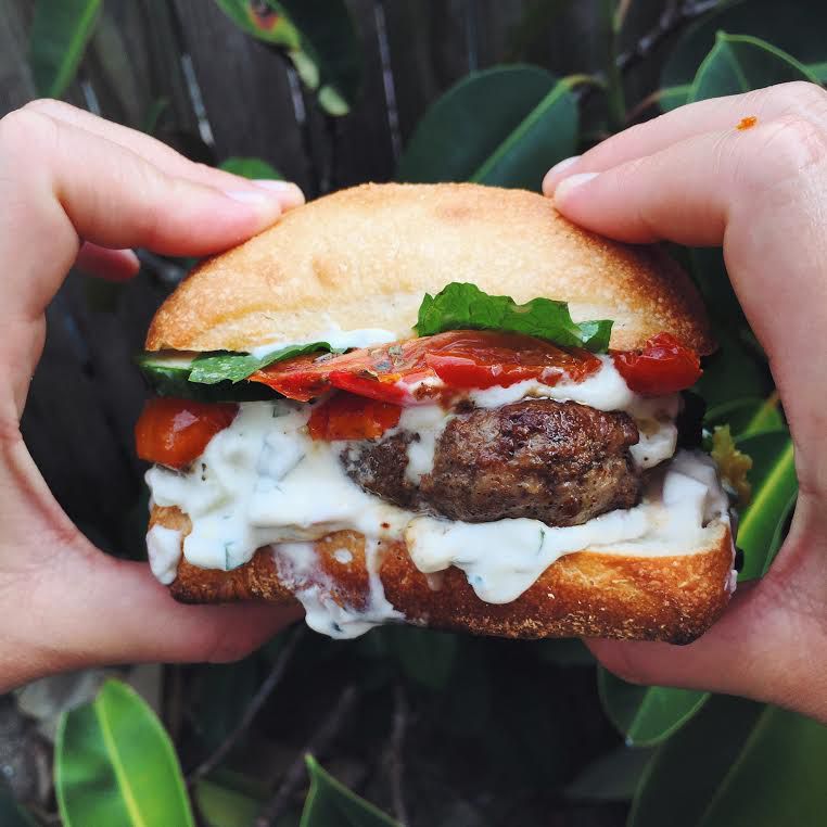 Mediterranean Lamb Burger with Tzatziki + Roasted Tomatoes