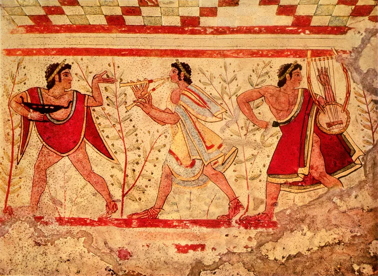 Etruscan musicians, reporduction of a 5th century BC fresco in the Tomb of the Leopard at Tarquinia