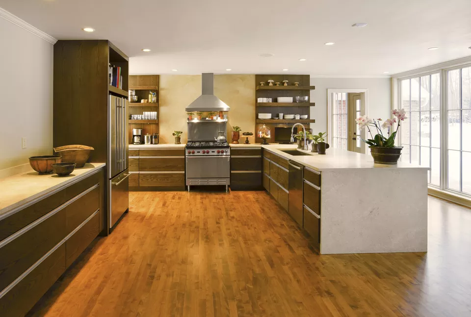 Modern kitchen with hardwood floor