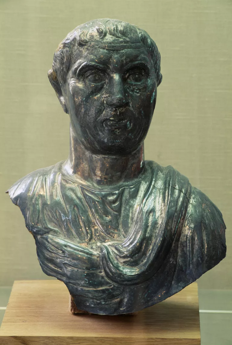 Silver bust of Roman patrician, from the House of the silver bust, archaeological site of La Villasse, Vaison-la-Romaine, Provence-Alpes-Cote dAzur, France, Roman civilization, 3rd century