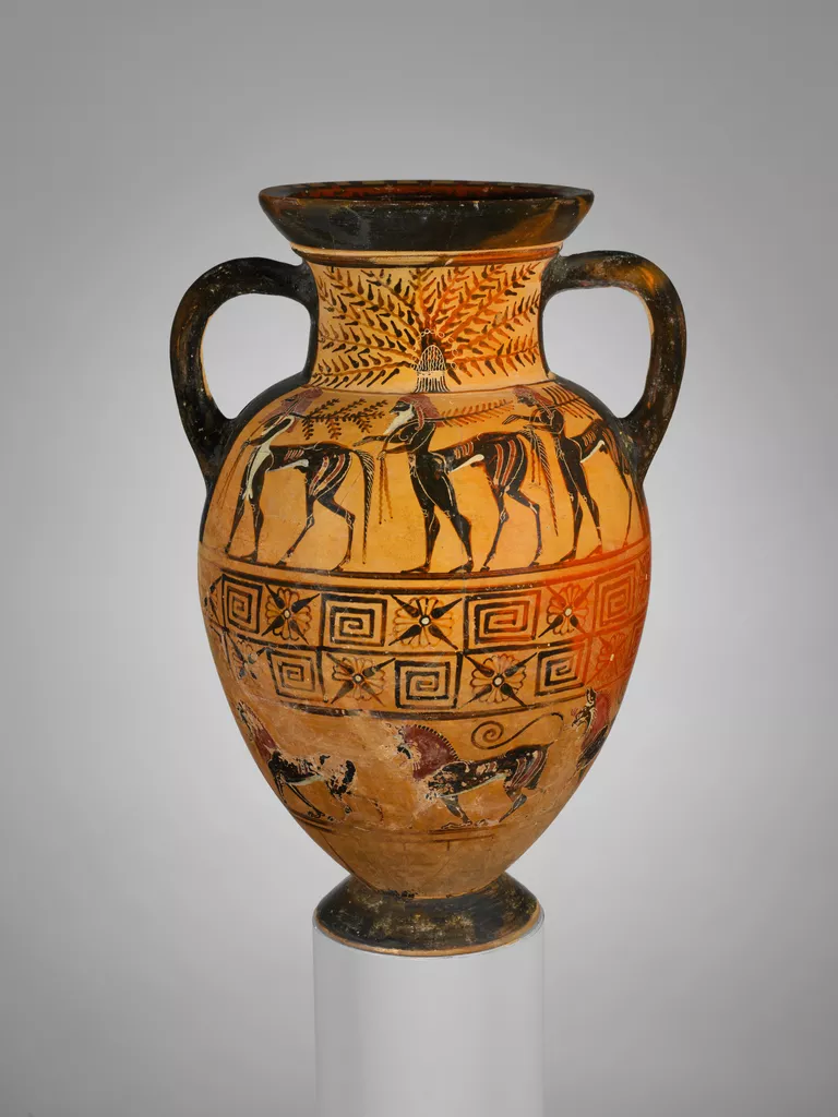 Etruscan terracotta neck-amphora (jar), ca. 575-550 BC, black-figure. Upper frieze, procession of centaurs; lower frieze, procession of lions.