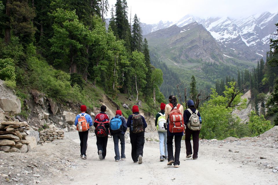 Trekkers on the way to Dhundi in Manali, Himachal Pradesh