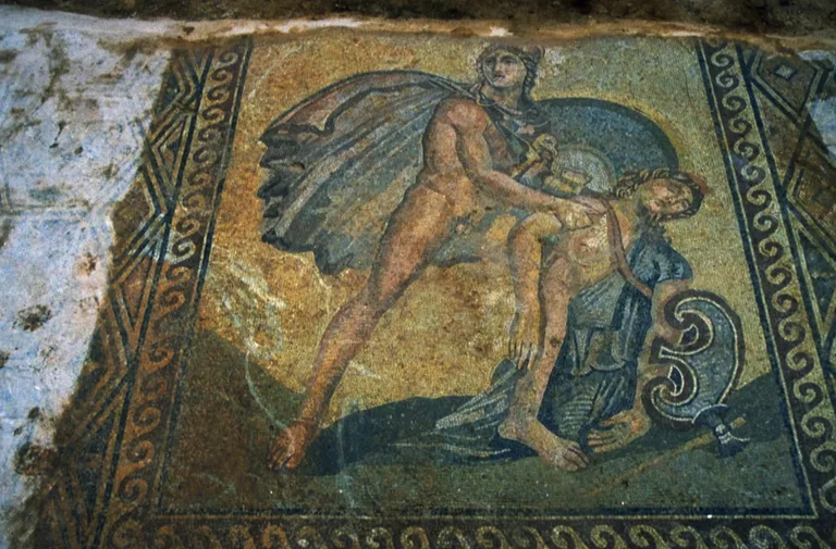 Hellenistic mosaic from the Villa of Herodes Atticus in Eva Kynourias, Greece. This mosaic portrays Achilles holding the body of Penthesilea, Queen of the Amazons, after slaying her during the Trojan War.