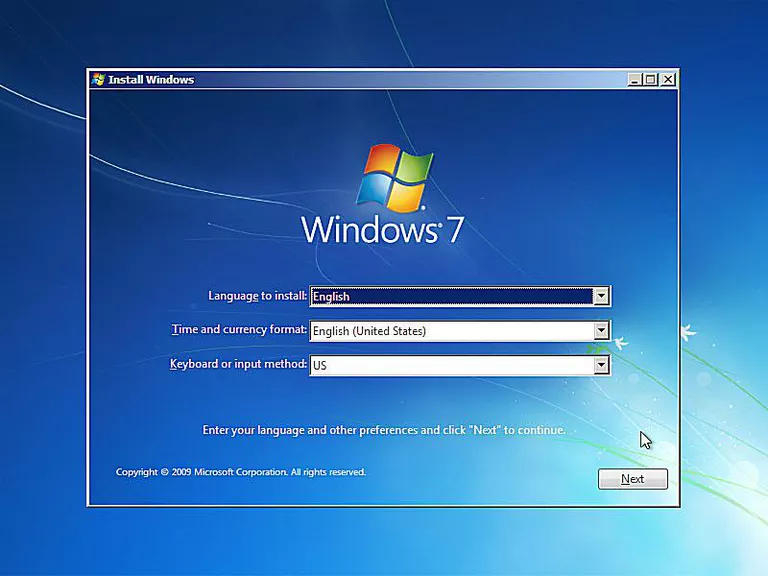 A screenshot of Windows 7 setup