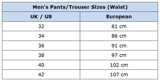 Men S Size Chart In Cm