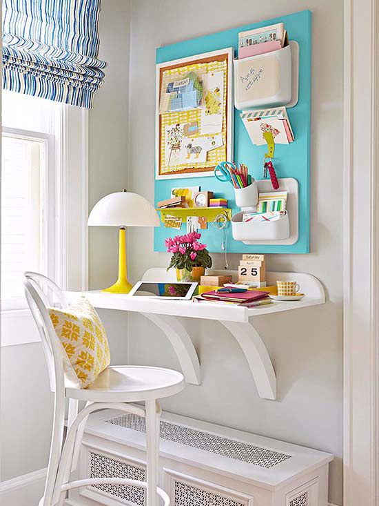 Simple space-saving shelf desk for homework nook