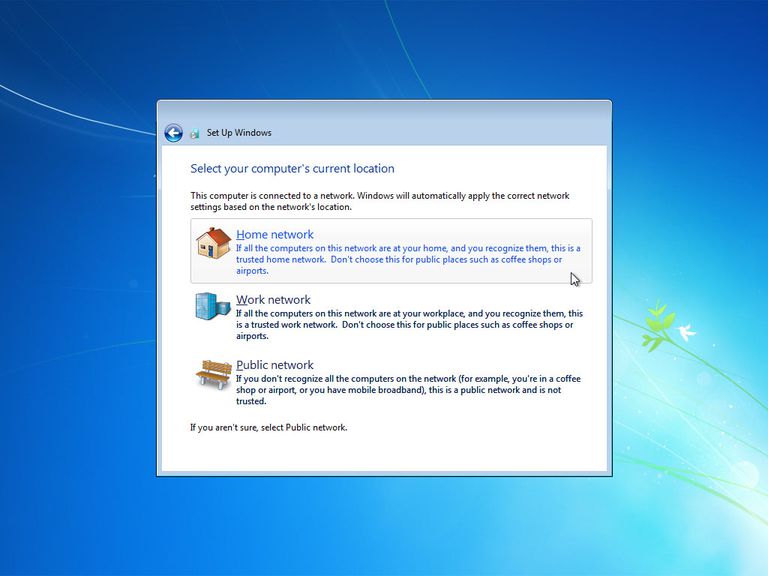 Screenshot of Windows 7 asking you to choose a network location