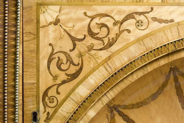 Satinwood inlay detail on the Minerva and Diana Commode, Harewood House, 1773