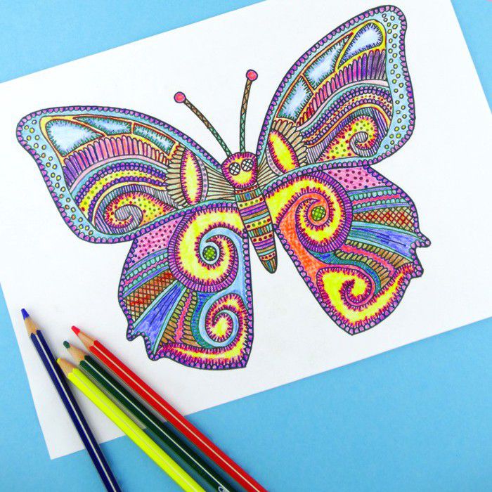 A coloring page for an adult with a picture of a butterfly on it.