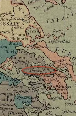 Thebes located with respect to Athens and the Gulf of Corinth