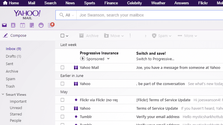 Screenshot of the Yahoo Mail email inbox