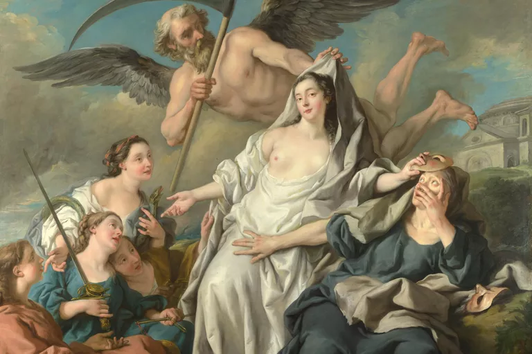 Winged man pulling a robe from a beautiful woman sitting between a masked woman and 4 adoring women of faith