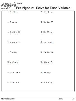 Pre Algebra Worksheets on Isolating Variable