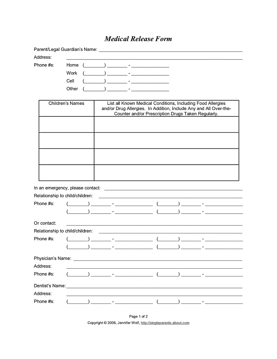 Free Printable Medical Release Form For Minor