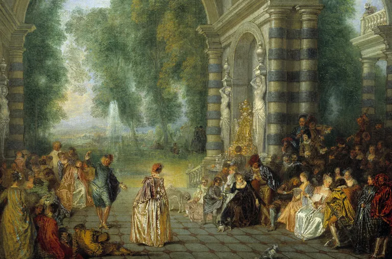 Brightly colored, highly details rococo era painting of many people standing and sitting around large, striped columns