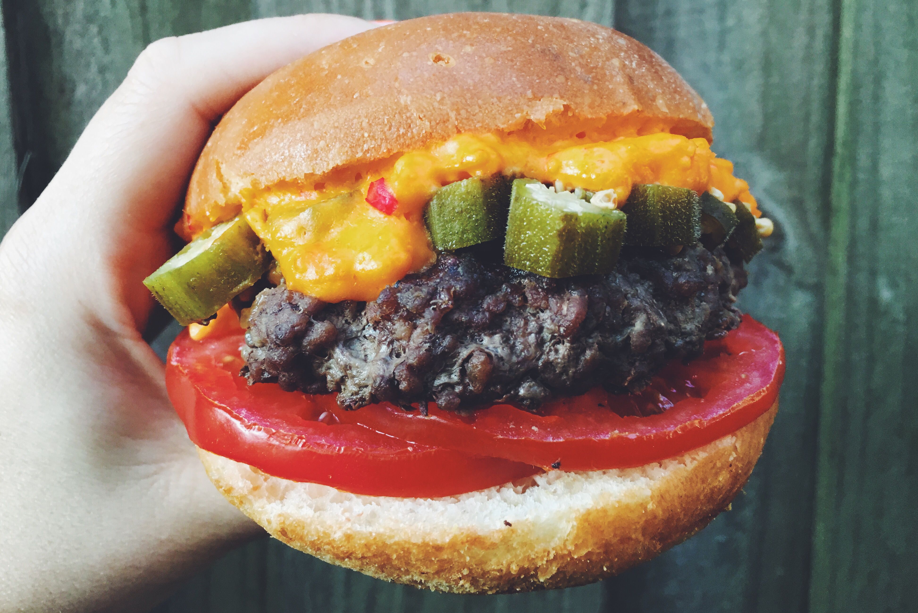 Southern Style Pimento Cheese Burger with Pickled Okra