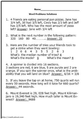 Printable 5th Grade Math Word Problem Worksheets