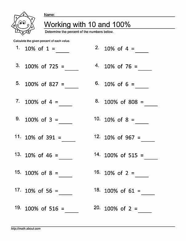 Percentage Worksheets For Finding 10 And 100 Of Numbers