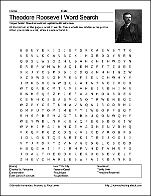 Theodore Roosevelt Wordsearch and Worksheets