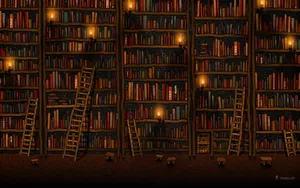 A computer wallpaper with books and library ladders