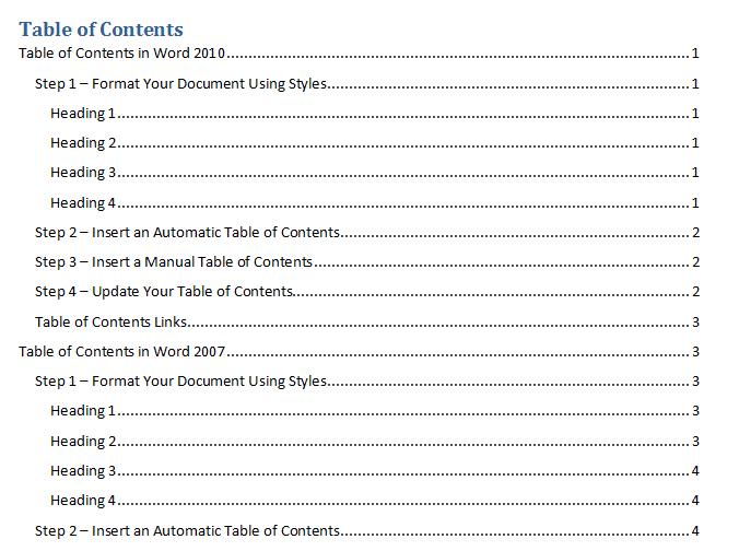 Insert Table of Contents Using Outline Levels in Word 2010