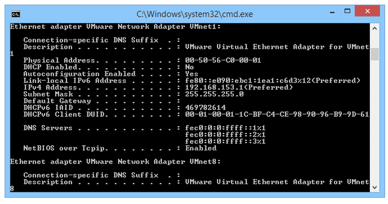 Screenshot of an IPCONFIG ALL execution in Command Prompt