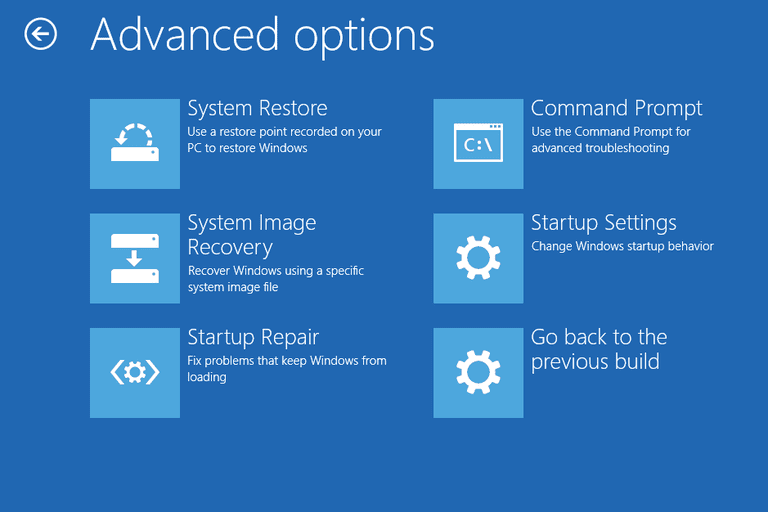 Screenshot of the Advanced Options Menu in Windows 10