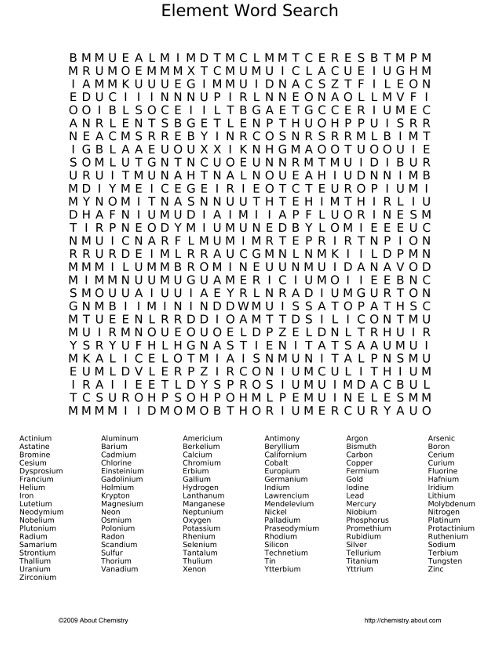 Element Word Search - Puzzle and Answer