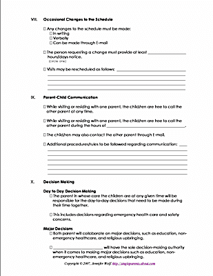 Parenting Plan Worksheets for Coparents