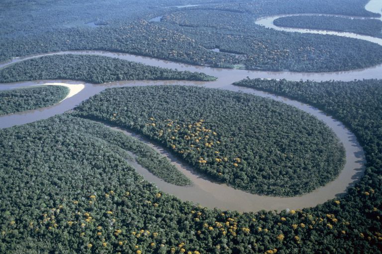 [block]Aerial view of Amazon River, Amazon Jungle, Brazil, South America