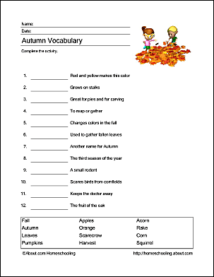 Fall Wordsearch, Vocabulary, Crossword, and More