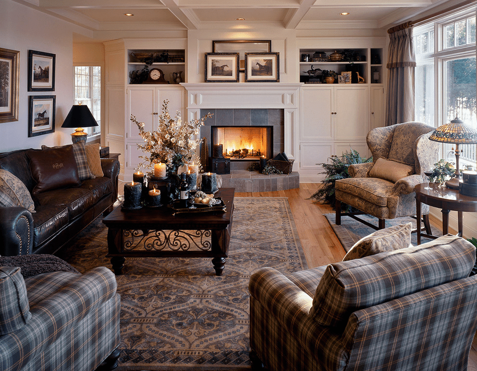 plaid and leather living room